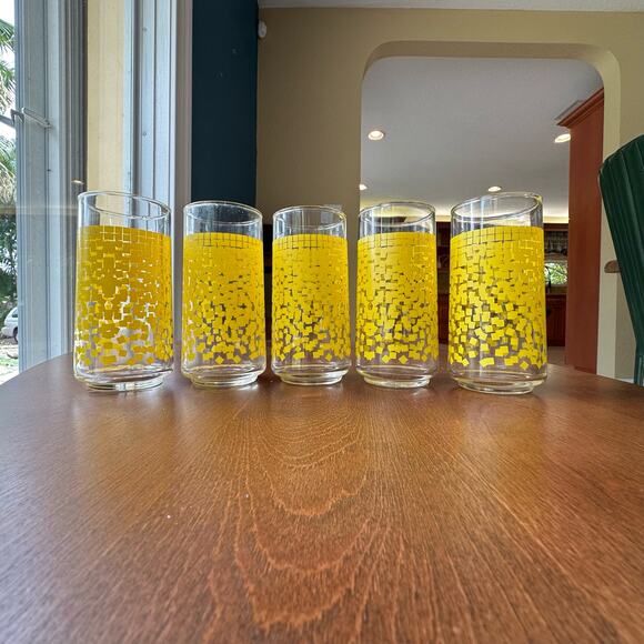 Vintage Yellow Water Glasses Tumblers Cascading Squares Set of 5 - Picture 2 of 8